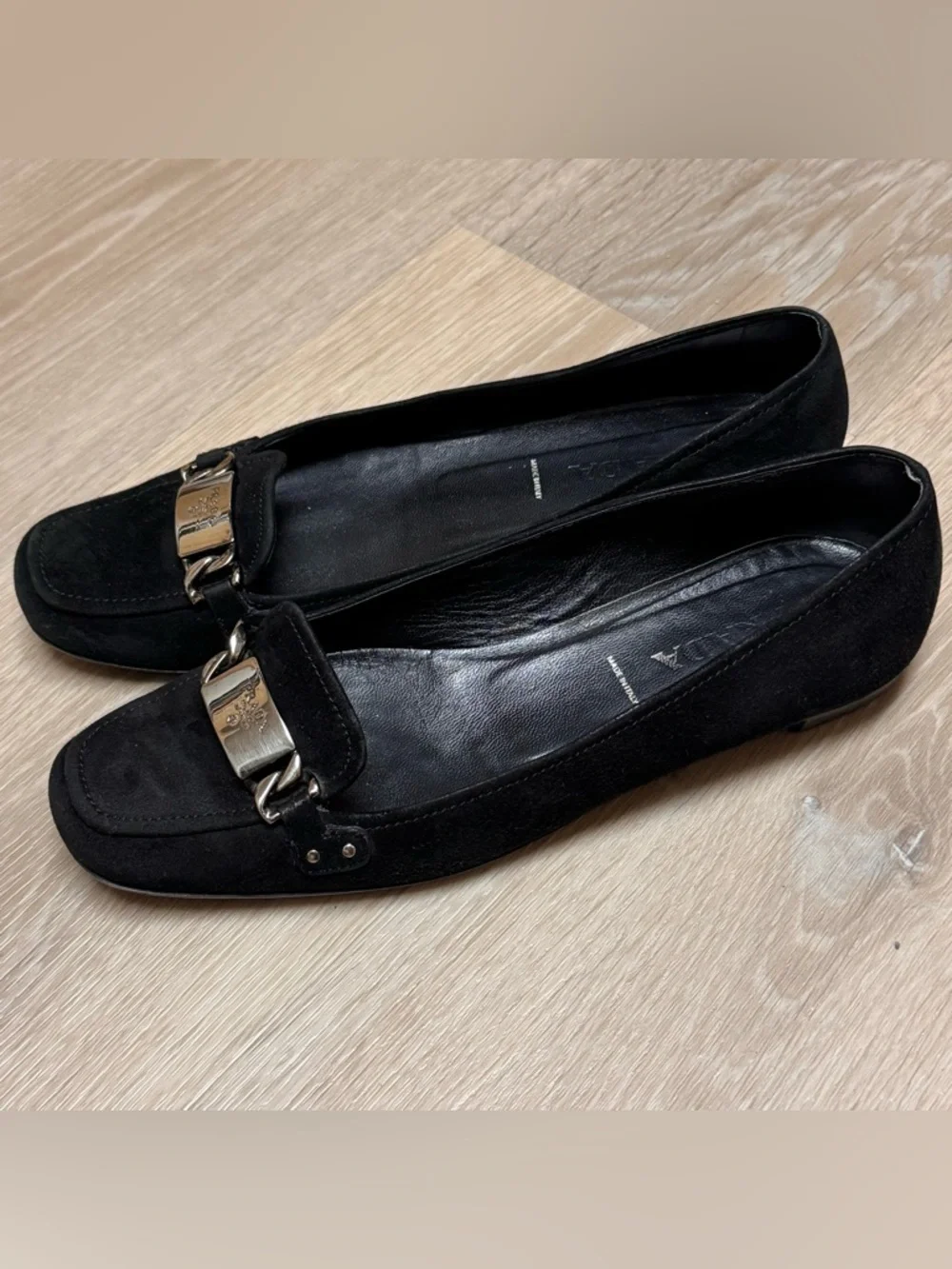 Prada Black Suede Leather Loafer Flats Size 37 US 7 Silver Hardware - Picture 4 of 16